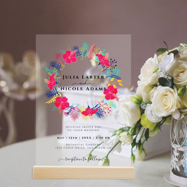 Navy Blue Pink Wild Rain Forest Evergreen Wedding Acrylic Invitations (Creator Uploaded)