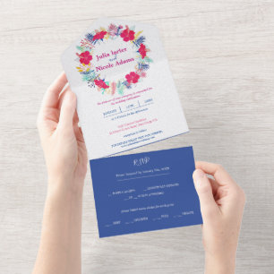 Navy Blue Pink Wild Rain Forest Evergreen Wedding All In One Invitation