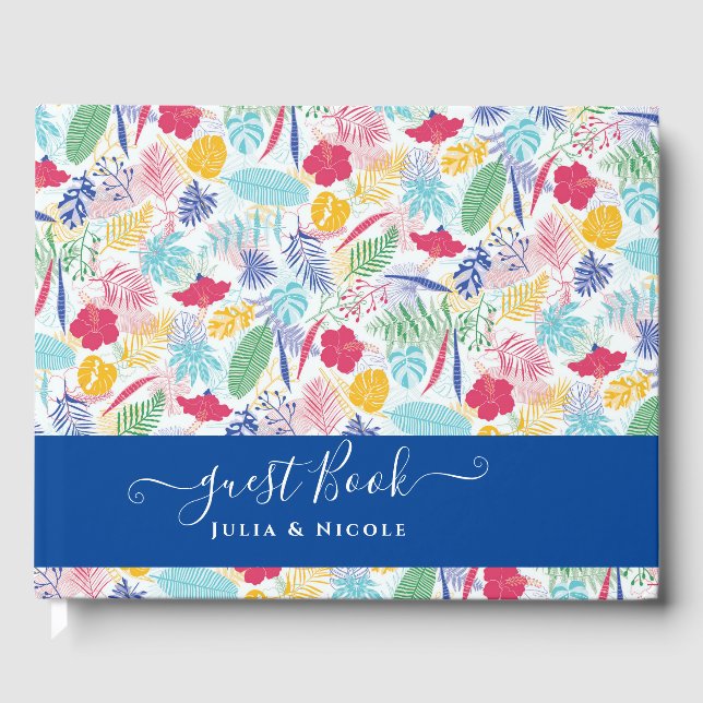 Navy Blue Pink Wild Rain Forest Evergreen Wedding Guest Book (Front)