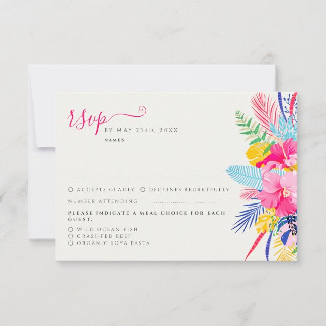 Navy Blue Pink Wild Rain Forest Evergreen Wedding RSVP Card (Front)
