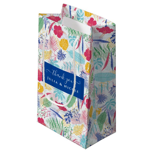 Navy Blue Pink Wild Rain Forest Evergreen Wedding Small Gift Bag (Front Angled)