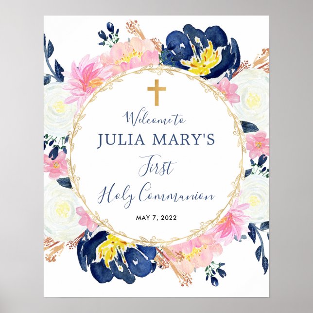 Navy blue pink yellow communion welcome sign (Front)