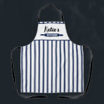 Navy Blue Pinstripe Custom Apron<br><div class="desc">A modern trendy personalized apron that would make a perfect gift for any budding cook, chef or baker. A durable, evergreen pattern of navy blue vertical pinstripes on a white background covers most of this all over print apron. At the top of the apron is a plain white space with...</div>