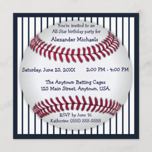 Navy Blue Pinstripes Baseball Birthday Party Invitation