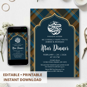 Navy Blue Plaid Frame Ramadan Iftar Invitation
