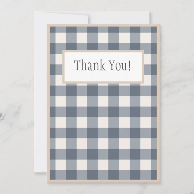 Navy Blue Plaid Gingham Country Wedding Thank You Card (Front)