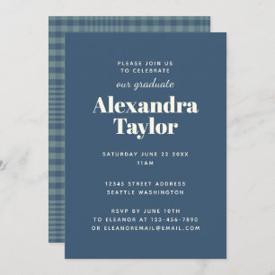 Navy Blue Plaid Masculine Man Graduation Party Invitation