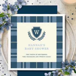 Navy Blue Plaid Monogram Boy's Baby Shower Napkin