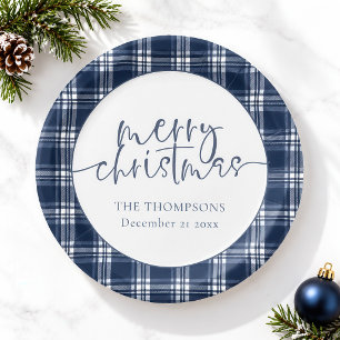 Navy Blue Plaid Name Date Merry Christmas  Paper Plate