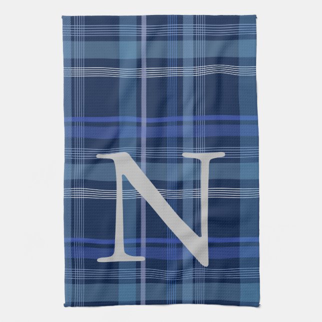 Navy Blue Plaid Tartan Cute Retro Monogram  Kitchen Towel (Vertical)