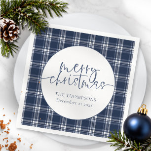 Navy Blue Plaid Tartan Name Date Merry Christmas Napkin