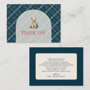 Navy Blue Plaid Teddy Bear Baby Shower Thank You Card