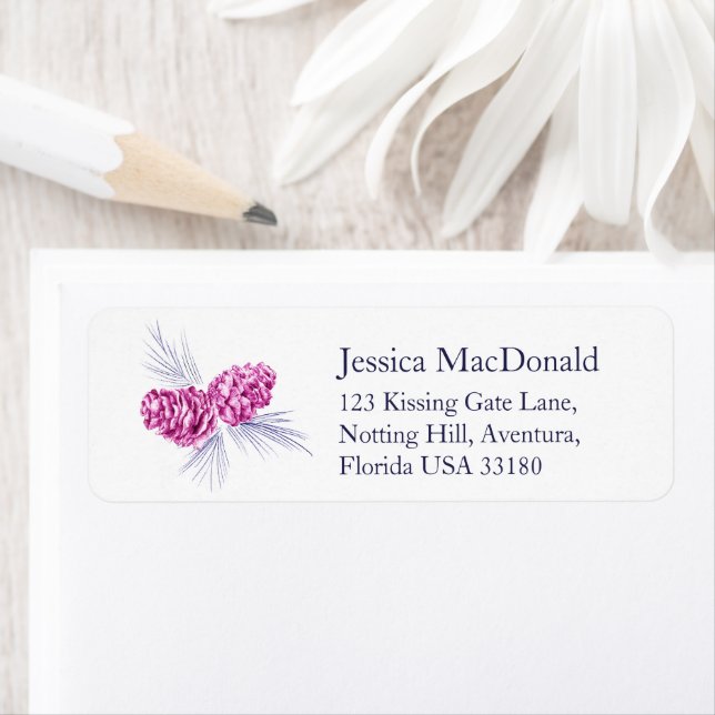Navy blue plum pinecones winter reply labels (Insitu)