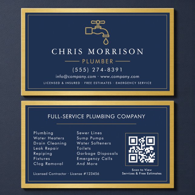 Navy Blue Plumber Contractor QR Code Gold Metallic Business Card (Creator Uploaded)