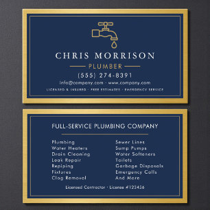 Navy Blue Plumber Plumbing Company Gold Metallic Business Card