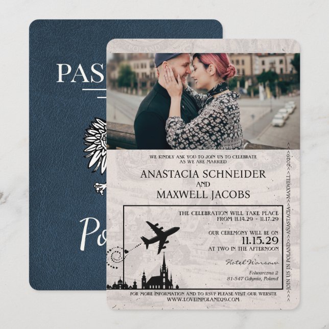 Navy Blue Poland Passport Wedding Invitation (Front/Back)