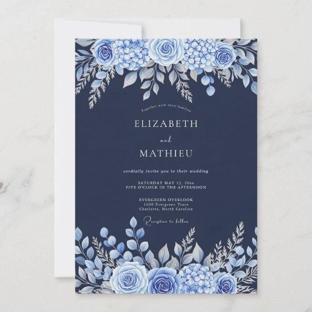 Navy Blue Polished Botanical Wedding Invitation (Front)