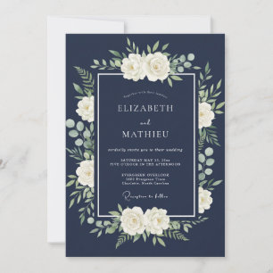 Navy Blue Polished Floral Wedding Invitation
