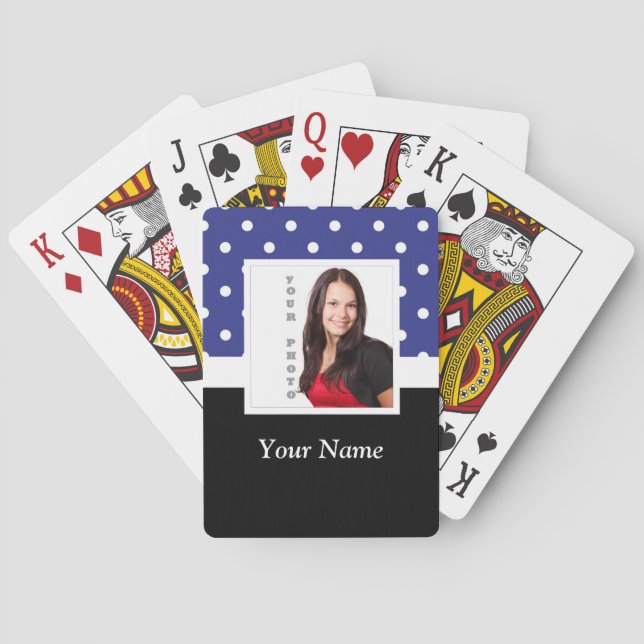 Navy blue polka dot photo template playing cards (Back)