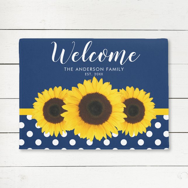 Navy Blue Polka Dot Sunflower Personalized Doormat (Creator Uploaded)