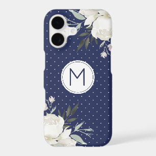 Navy Blue Polka Dot White Rose Floral Monogram