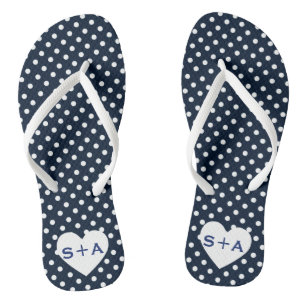 Navy Blue Polka Dots Heart Monogram Honeymoon Flip Flops