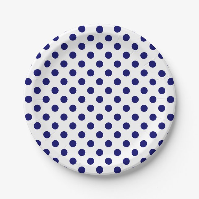 Navy Blue Polka Dots on White Paper Plate (Front)