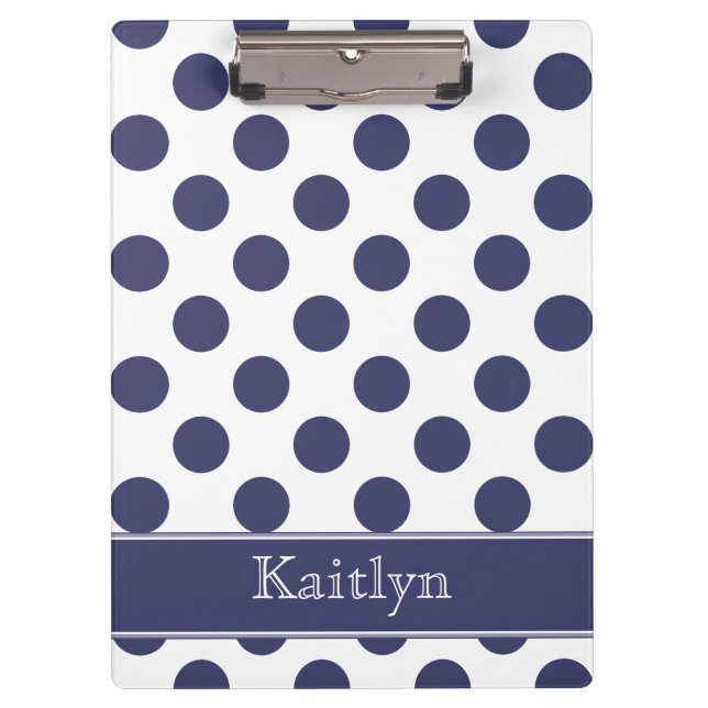 Navy Blue Polka Dots Personalized Clipboard (Front)
