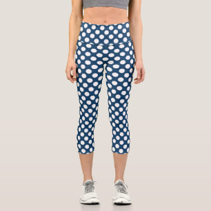 Navy Blue Polka Dots, Polka Dot Pattern, Dots Capri Leggings