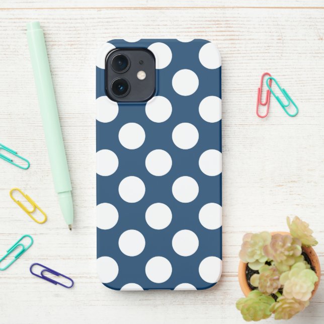 Navy Blue Polka Dots, Polka Dot Pattern, Dots iPhone Case (On Desk)