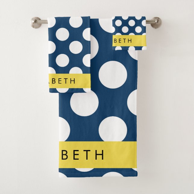 Navy Blue Polka Dots, Polka Dot Pattern, Your Name Bath Towel Set (Insitu)