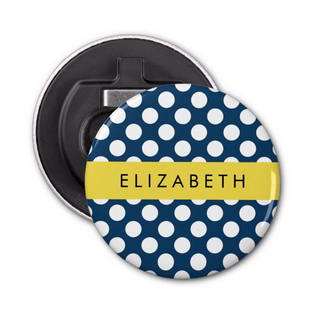 Navy Blue Polka Dots, Polka Dot Pattern, Your Name Bottle Opener (Front)