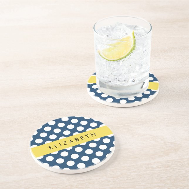 Navy Blue Polka Dots, Polka Dot Pattern, Your Name Coaster (Side)