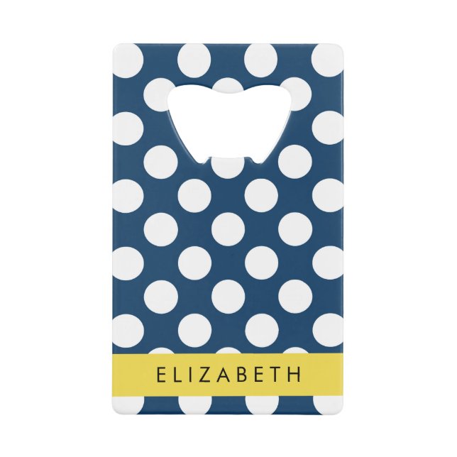 Navy Blue Polka Dots, Polka Dot Pattern, Your Name Credit Card Bottle Opener (Front)