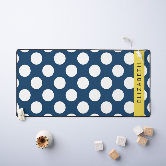 Navy Blue Polka Dots, Polka Dot Pattern, Your Name Desk Mat (Kids Table)