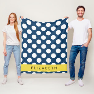 Navy Blue Polka Dots, Polka Dot Pattern, Your Name Fleece Blanket