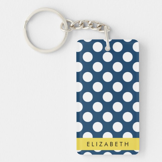 Navy Blue Polka Dots, Polka Dot Pattern, Your Name Keychain (Front)