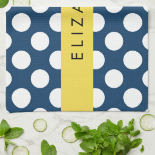 Navy Blue Polka Dots, Polka Dot Pattern, Your Name Kitchen Towel