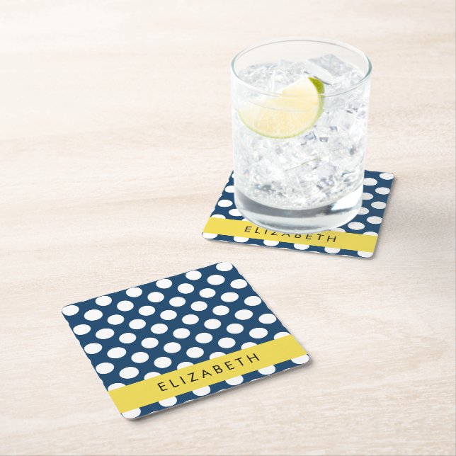 Navy Blue Polka Dots, Polka Dot Pattern, Your Name Square Paper Coaster (Insitu)