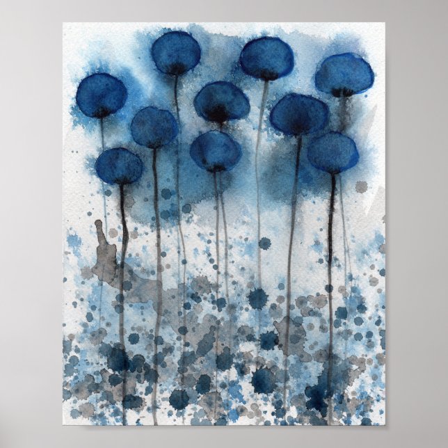 Navy Blue Poppies, Watercolor Flowers Wall Poster (Front)