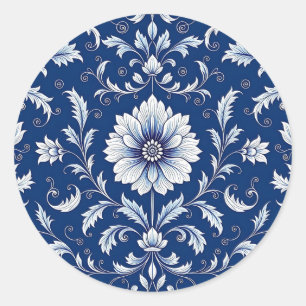 Navy Blue Porcelain Floral Pattern Classic Round Sticker