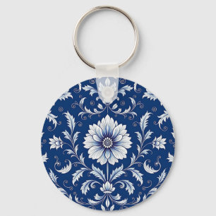 Navy Blue Porcelain Floral Pattern Keychain