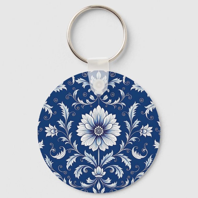 Navy Blue Porcelain Floral Pattern Keychain (Front)