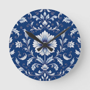 Navy Blue Porcelain Floral Pattern Round Clock