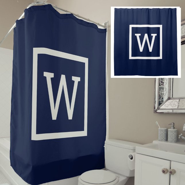 Navy Blue Preppy Graphic Border Monogram (Navy Blue Preppy Graphic Border Monogram Shower Curtain)