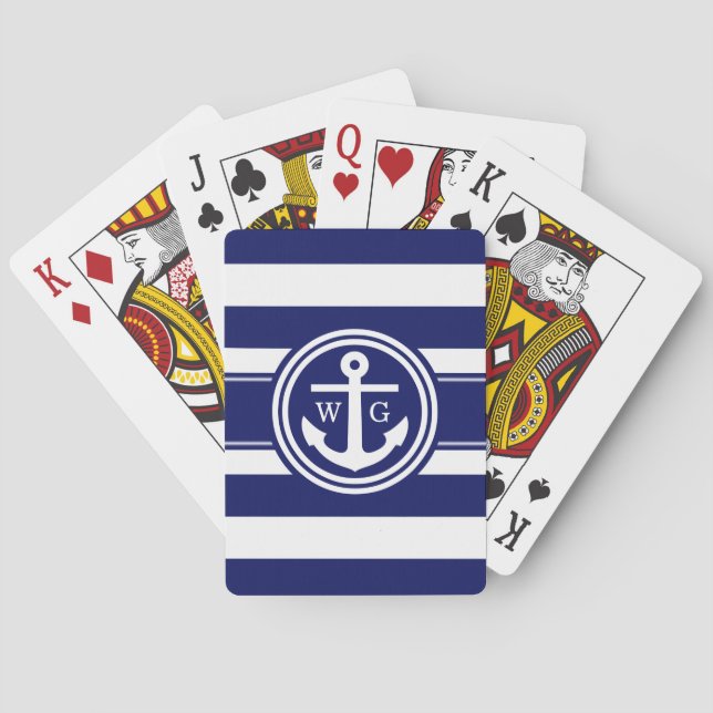 Navy Blue Preppy Stripe Anchor Monogram Playing Cards (Back)