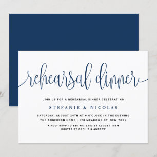 Navy Blue Pretty Calligraphy Rehearsal Dinner Invitation