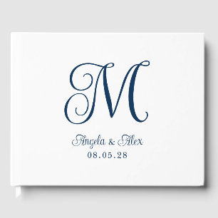 Navy Blue Pretty Curly Wedding Monogram Guest Book