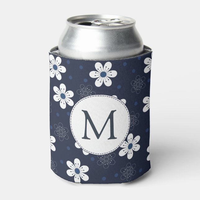 Navy Blue Pretty Floral Monogram Can Cooler (Can Front)