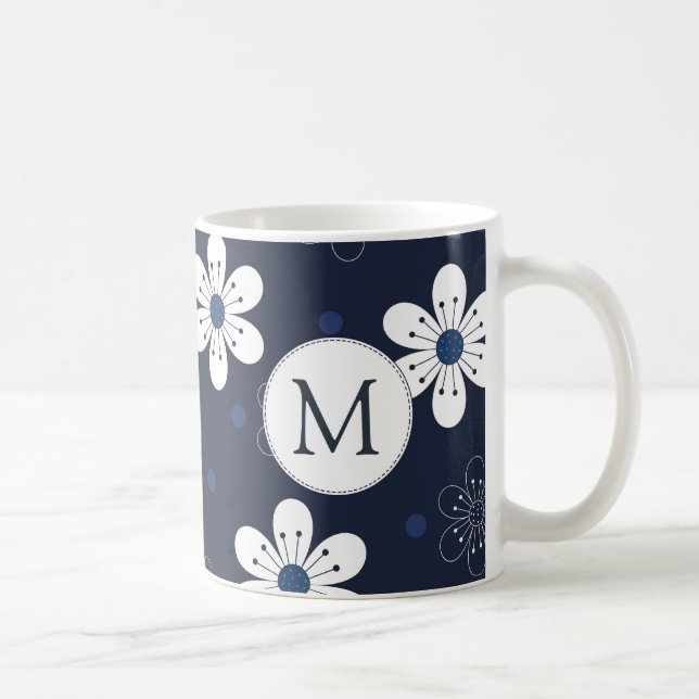 Navy Blue Pretty Floral Monogram Coffee Mug (Right)